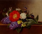 Lilacs Violets Pansies Hawthorn Cuttings And Peonies On A Marble Ledge - 约翰·劳伦茨·延森